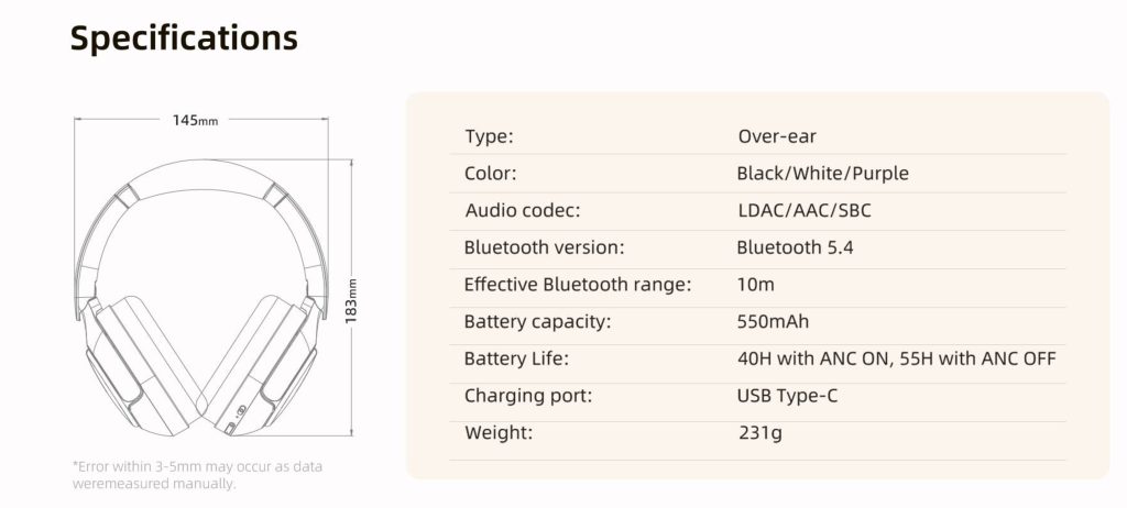 qcy h3 pro headset black hi res audio v5.4 bluetooth anc call noise cancelling headphones 40mm drive